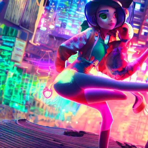 Prompt: a girl like (jinx, Princess peach), dancing, background jet ground radio, fullshot, raytrayced, octane render, epic composition, intricate details, hyperrealist, dark neon punk, by pixar