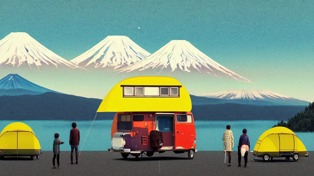 Image similar to an overlook scene of two travellers and their camper, at the edge of yamanaka lake reflecting mount fuji overcast sky, a collage painting, in the style of wes anderson, lola dupre, david hockney, isolated on negative white space background dark monochrome neon spraypaint accents volumetric octane render