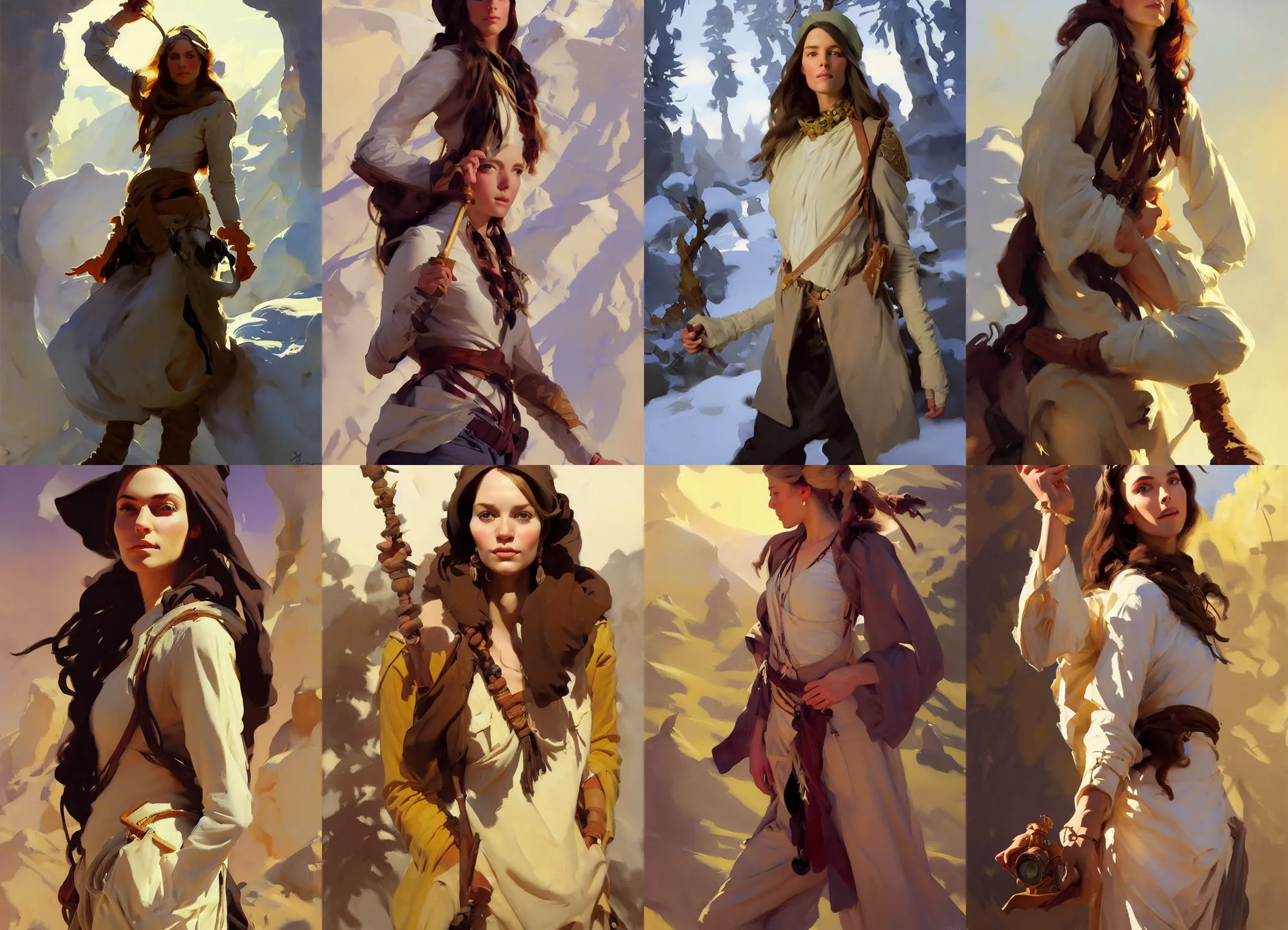 Image similar to in full growth portrait of hippie model girl jodhpurs hyperborea winter traveler treasure hunter greg manchess painting by sargent and leyendecker, fantasy, medium shot, asymmetrical, intricate, elegant, matte painting, illustration, hearthstone, by rhads, by greg rutkowski, by greg tocchini, by james gilleard, by joe fenton