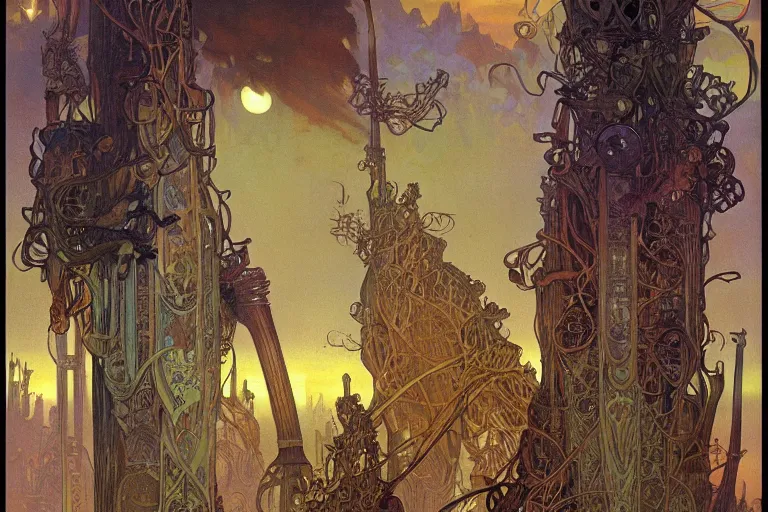 Image similar to morning autumn medievil tall crumbling smokestacks with mushroom clouds lightening in the background by alphonse mucha, rodney matthews, trending on artstation.