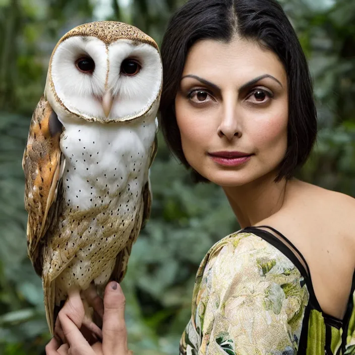 Image similar to portrait photograph of an extremely beautiful!!!! Morena Baccarin , symmetric face!, symmetric round detailed eyes!!, slight smile, natural light, wearing a yellow kimono!! with a very detailed barn owl! on her shoulder in a tropical greenhouse. looking at the camera!!. super resolution. Extremely detailed. Graflex camera!, bokeh!!!!!. art by alphonse mucha