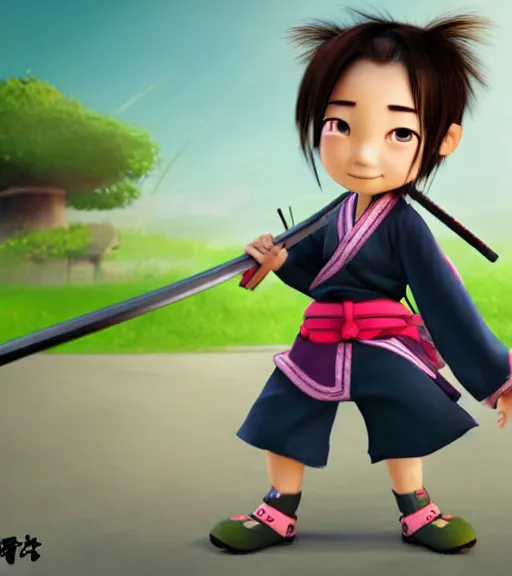 Prompt: extremely cute and adorable very tomboyish tomboy samurai girl with a strong japanese aristocratic - style image, by pixar