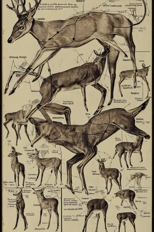 Prompt: a vintage scientific illustration and diagram of a cybernetic deer