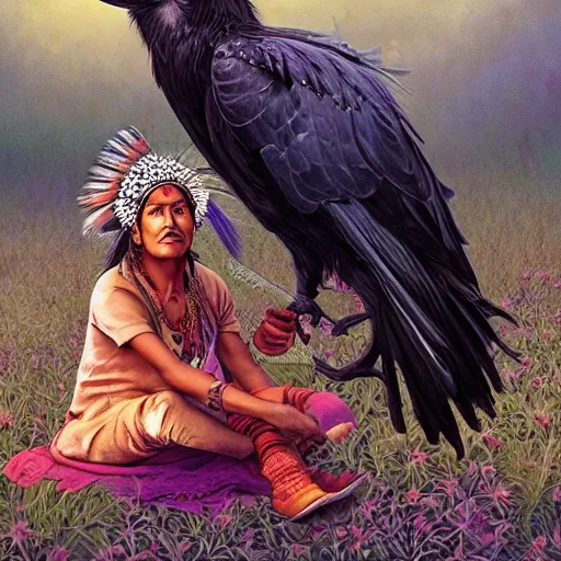 Image similar to n elderly indian don juan is sitting in a field with peyote and smoking a pipe, a raven walks next to him, by miho hirano, ross tran and ilya kuvshinov, realistic, detailed, beautiful fantasy detailed trending on artstation, oil painting, dramatic lighting, eterea, high quality print, fine art with subtle redshift rendering