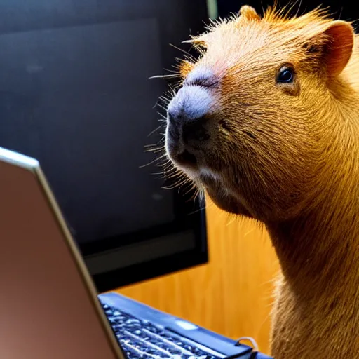 Image similar to a capybara in front of a computer holding a computer