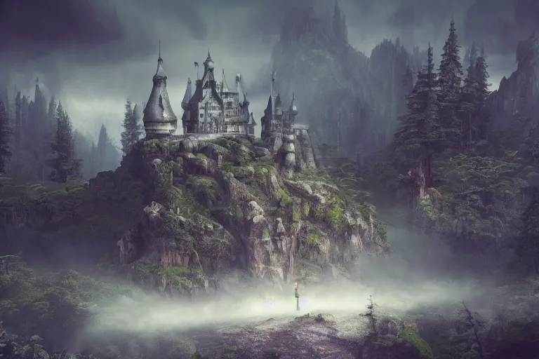 Image similar to a castle in the forest, misty, mountains in background, fantasy, hyper detailed, futuristic, technology, cinematic atmosphere, arnold render, trending on artstation, cgsociety