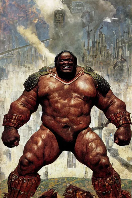 Image similar to full body portrait of huge hulking mark henry as armoured demon, simple background, painted by jack kirby, lawrence alma tadema, norman rockwell, greg staples, wayne barlow, jacob collins, tom lovell, frank schoonover, neville page