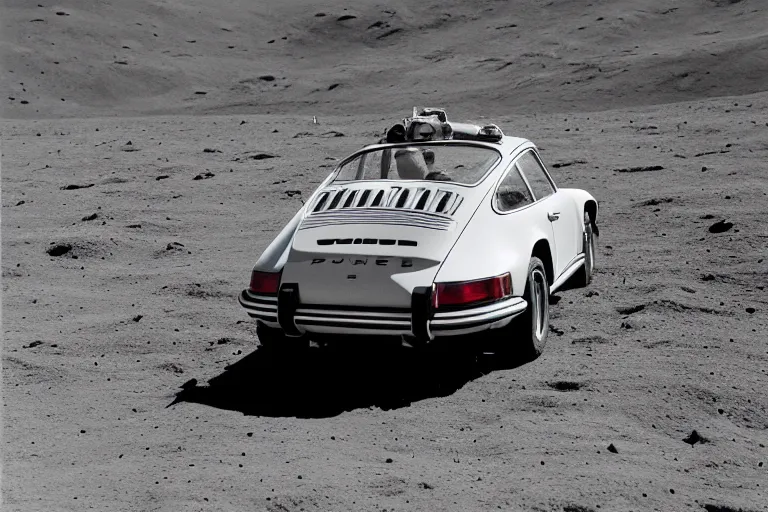 Image similar to vintage photo of a porsche 911 on the moon being driven by an astronaut. wide shot. apollo moon landing