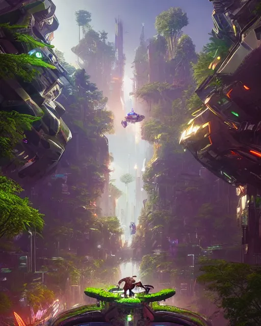 Image similar to magical beaver cyborg in futuristic metropolis, giant trees, clean streets, inspired by horizon zero dawn, trending on artstation, art by richard dumont, leon tukker