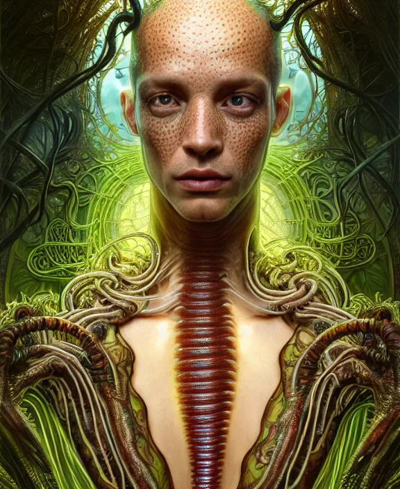 Image similar to intricate ornate opulent transparent clear see - through portrait of a terrifying beautiful male alien centipede, mottled coloring, adorable, childlike, overgrown jungle environment, ultra realistic, concept art, art nouveau, photorealistic, octane render, 8 k, unreal engine. art by christopher marley and artgerm and greg rutkowski and alphonse mucha