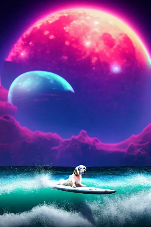 Prompt: beagle dog surfing a surfboard on a sparkly crashing wave of alien ocean in space, background is a moon in nebula, aliens in the background, alien neon colors, octane render, unreal engine, wide view, 8 k, highdetaild