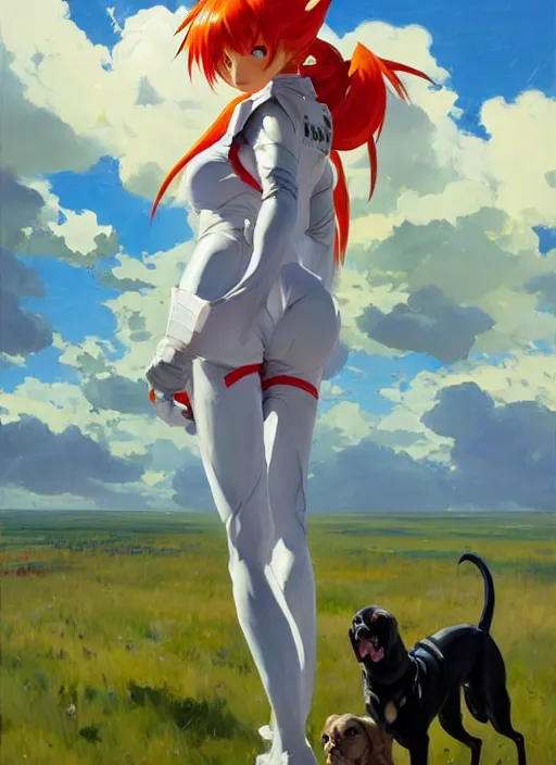 Image similar to Greg Manchess painting of Asuka Langley Soryu in Plugsuit out with the dogs, EVA unit-00 in the back, countryside, fantasy character portrait, dynamic pose, above view, sunny day, thunder clouds in the sky, artwork by Jeremy Lipkin and Giuseppe Dangelico Pino and Michael Garmash and Rob Rey, very coherent asymmetrical artwork, sharp edges, perfect face, simple form, wacky, 100mm