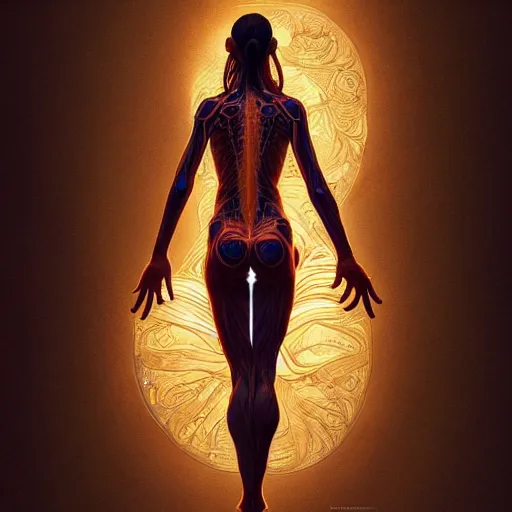 Prompt: detailed intricate digital illustration by greg rutkowski and artgerm and wlop and sanford robinson gifford ; yoga pose glowing anatomically correct human veins ; 1 3 mm film, arri alfa anamorphic lens, sharp focus ; golden hour, trending on artstation 8 k