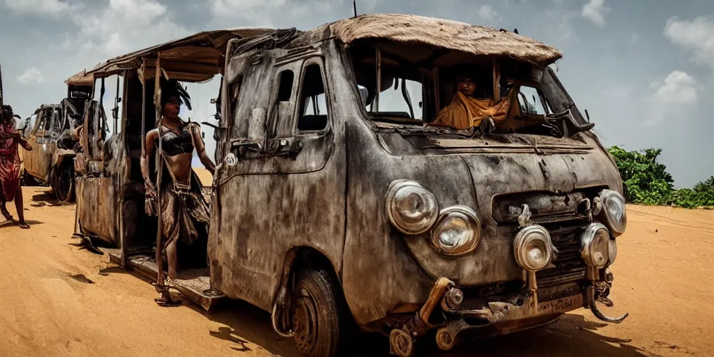 Prompt: sri lankan mad max style, tuk tuk, film still, epic shot cinematography, rule of thirds