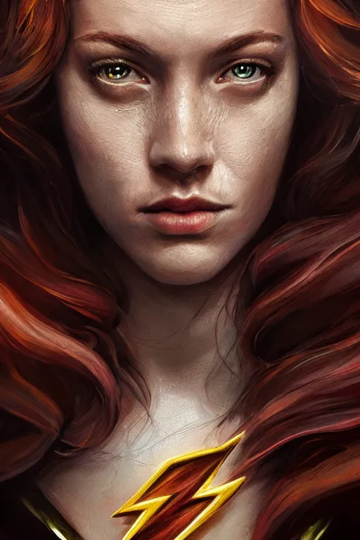 Image similar to Majestic and regal portrait of a female The Flash, DC universe, Perfect face, beautiful, intricate, epic, elegant, menacing, fantasy, highly detailed, digital painting, hard focus, beautiful volumetric lighting, epic light, ultra detailed, by Leesha Hannigan, Ross Tran, Thierry Doizon, Kai Carpenter, Ignacio Fernández Ríos