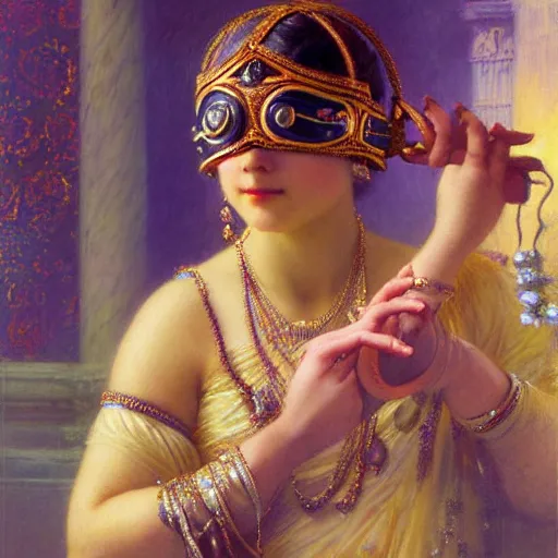 Image similar to detailed figure of hindu traditional girl blindfolded high - tech vr headset in baroque style, girl graceful,, painting by gaston bussiere, craig mullins, j. c. leyendecker, lights, art by ernst haeckel, john william godward, hammershøi,,