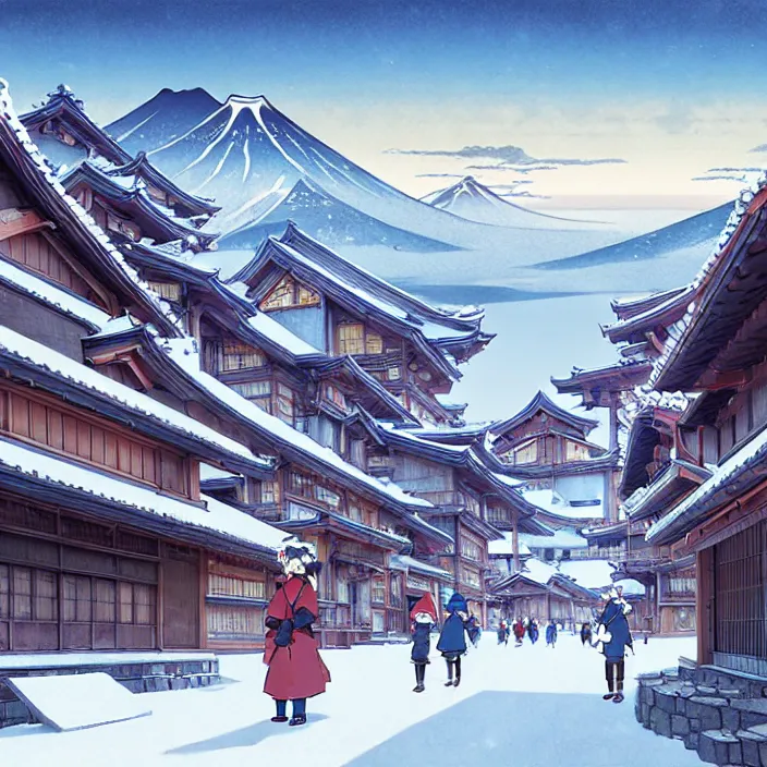 Image similar to empty japanese mountain city, winter, in the style of studio ghibli, j. c. leyendecker, greg rutkowski, artem