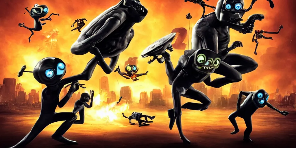 Prompt: an epic battle scene of the Men in Black fighting aliens in the style of Pixar