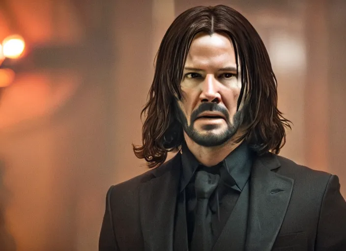 Image similar to film still of Kate Beckinsale as John Wick at the Continental Hotel in John Wick 2014, 4k