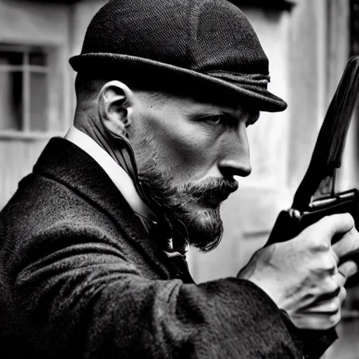 Prompt: a scene from peaky blinders, medium shot, tom hardy firing a shotgun, sharp eyes, serious expressions, detailed and symmetric faces, black and white, epic photo, action cover by talented photographer ansel adams