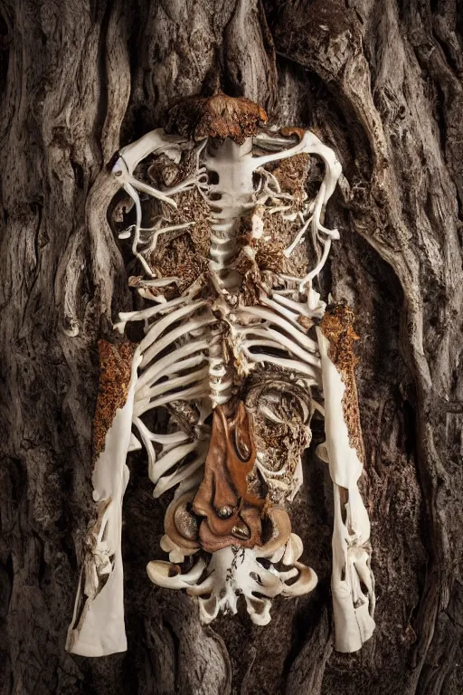 Prompt: A beautiful jacket carved out of dead wood with lichen and mushrooms, on a skeleton. High quality, high resolution, studio lighting