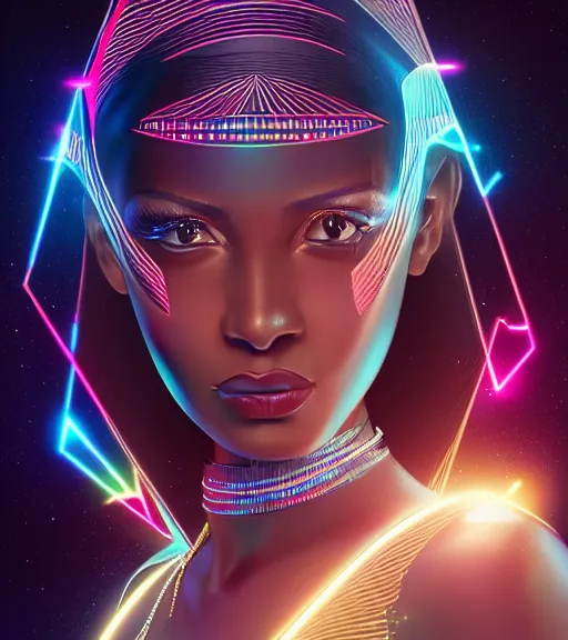 Image similar to symmetry!! egyptian princess of technology, solid cube of light, hard edges, product render retro - futuristic poster scifi, lasers and neon circuits, beautiful brown skin woman egyptian princess, intricate, elegant, highly detailed, digital painting, artstation, concept art, smooth, sharp focus, illustration, dreamlike, art by artgerm