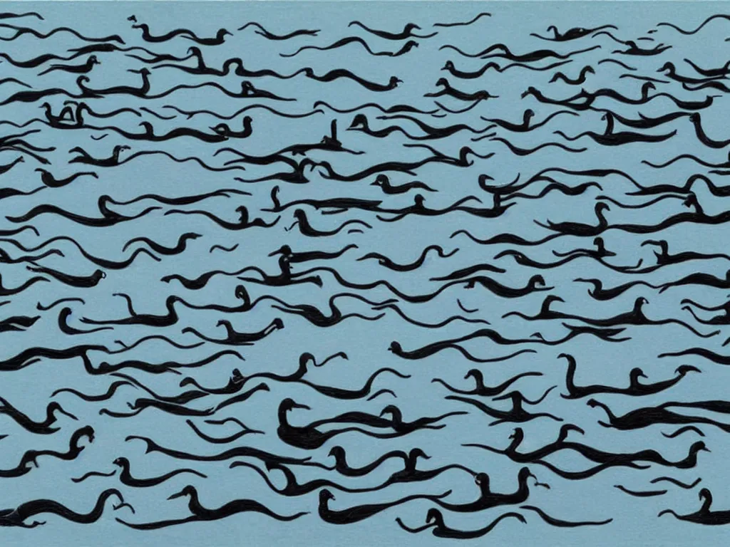 Prompt: black swans chilling in a lake that surrounded by forest, lake is light blue and sky is cloudy, by collaboration of M. C. Escher and Salvador Dali