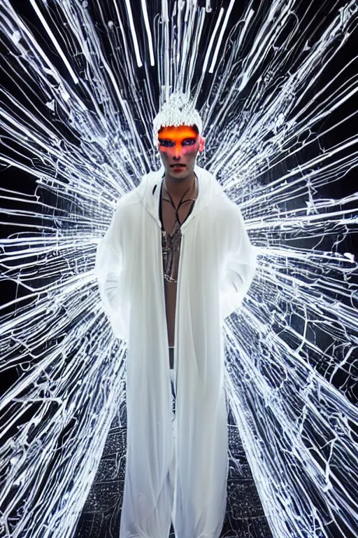 Prompt: full-body baroque and cyberpunk style neon statue of a attractive translucent Zayn Malik as a humanoid deity wearing a thin see-through plastic hooded cloak sim roupa, posing like a superhero, glowing white face, crown of white lasers, large diamonds, swirling white silk fabric. futuristic elements. oozing glowing liquid, full-length view. space robots. human skulls. throne made of bones, intricate artwork by caravaggio. Trending on artstation, octane render, cinematic lighting from the right, hyper realism, octane render, 8k, depth of field, 3D
