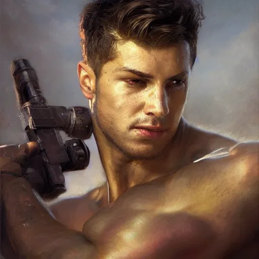 Prompt: handsome portrait of a young guy fitness posing, war hero, flexing, radiant light, caustics, by gaston bussiere, bayard wu, greg rutkowski, giger, maxim verehin