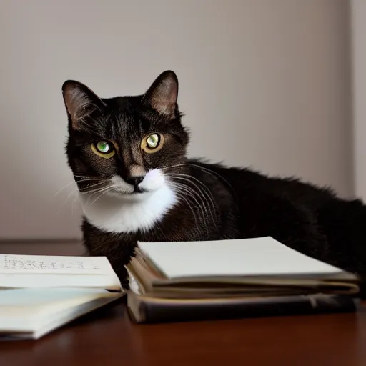 Prompt: a photo of a cat studying for an exam