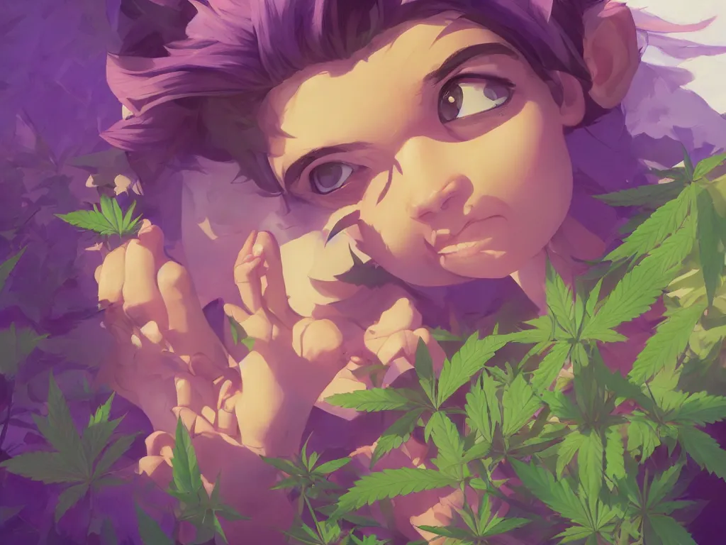 Image similar to kid with green purple flowers of marijuana hemp cannabis, behance hd by jesper ejsing, by rhads, makoto shinkai and lois van baarle, ilya kuvshinov, rossdraws global illumination, golden ratio, symmetrical beauty face