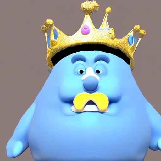 Image similar to blue blob character drooling while looking at the camera, wearing a golden crown, clay animation