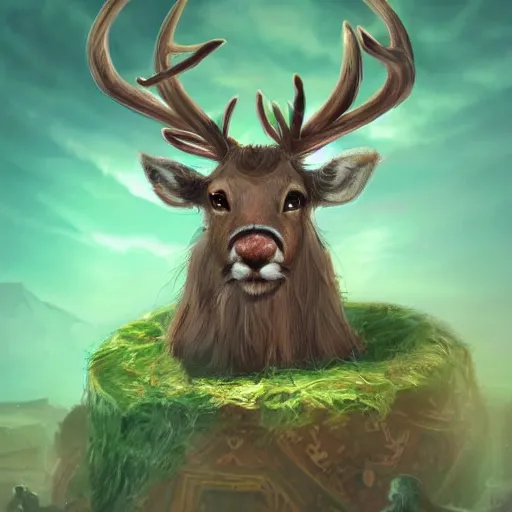 Prompt: A small reindeer king sitting on a green throne in Egypt, highly detailed portrait, scifi, digital painting, artstation, concept art, smooth, sharp foccus ilustration, Artstation HQ