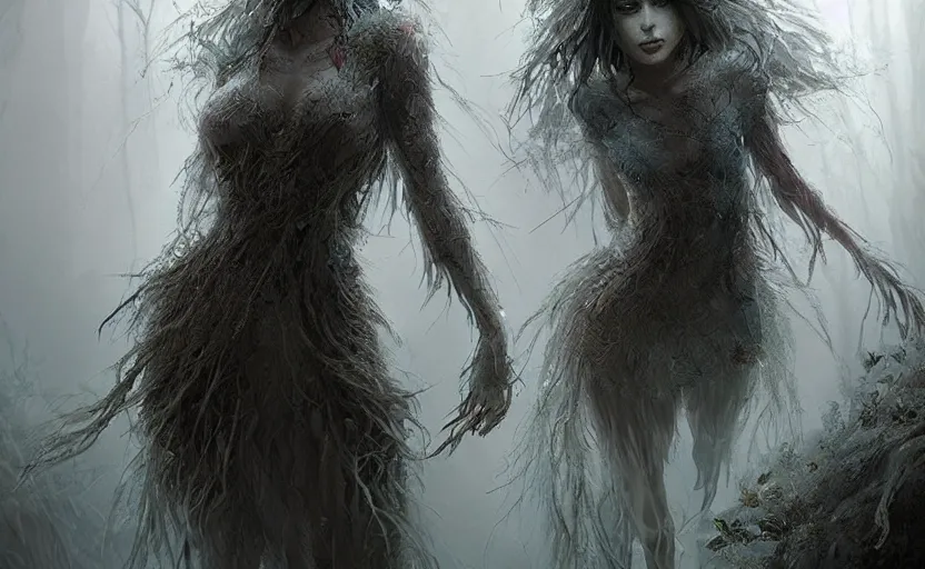 Image similar to a female spectral figure with leaves and feathers twisted in their hair is coming out of the fog with their pack of wolves and magic moss is growing on her clothes, a spectacular intricate moody concept art painting, cgsociety, vray