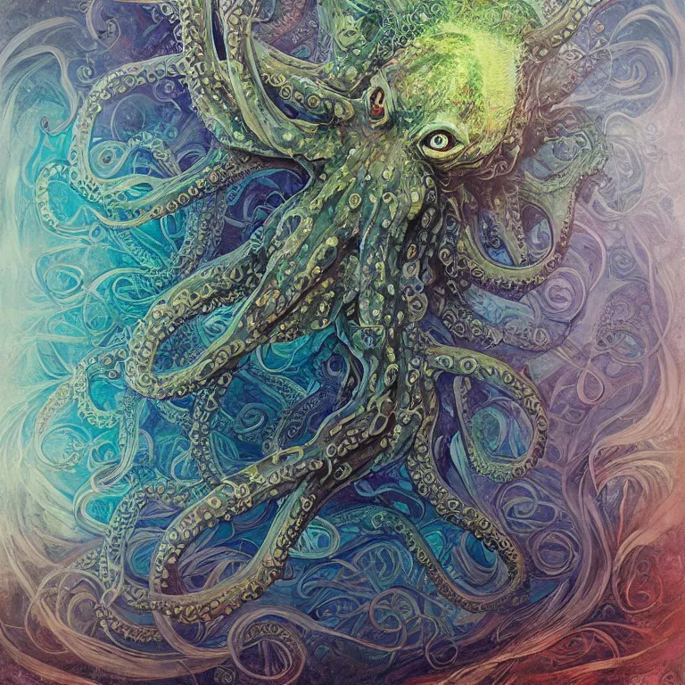 Image similar to depicting an octopus, in the style of h. p. lovecraft, exuberant organic elegant forms, by karol bak and filip hodas : : 1. 4 purple, red, blue, green, black intricate mandala explosions : : intuit art : : turbulent water backdrop : : damask wallpaper : : atmospheric