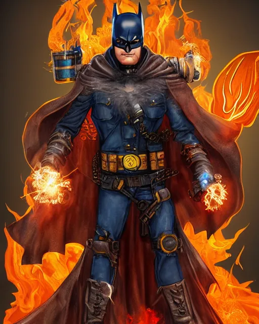 Image similar to steampunk batman with fire and ice magic coming out from his hands in a dystopian environment, full body view, highly detailed, amazing digital art, artstation, sharp focus