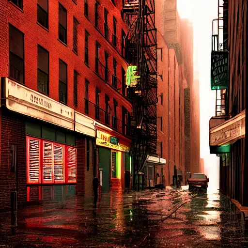 Image similar to Overview of the back alley of New York by night, under heavy rain. buildings, fire escape ladders. Hardboiled. Noir. Cinematic, hyper realistic, 3D, hyper detailed, ambient lighting, bright pastel color