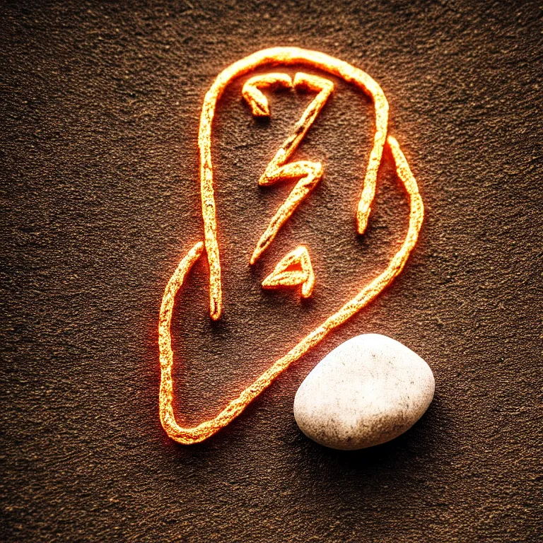 Prompt: photo of a huge pebble with a glowing rune drawn on it. pebble is almost completely wrapped with copper wire. extremely high details, masterpiece, cinematic, octane rendering, depth of field, bokeh, cgsociety