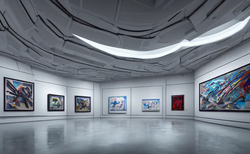 Image similar to interior futuristic art gallery wide angle highly detailed by ricardo boffil, wall hanging paintings of grafitti art by santiago calatrava and wlod, captivating 8 k hdr, octane render godrays