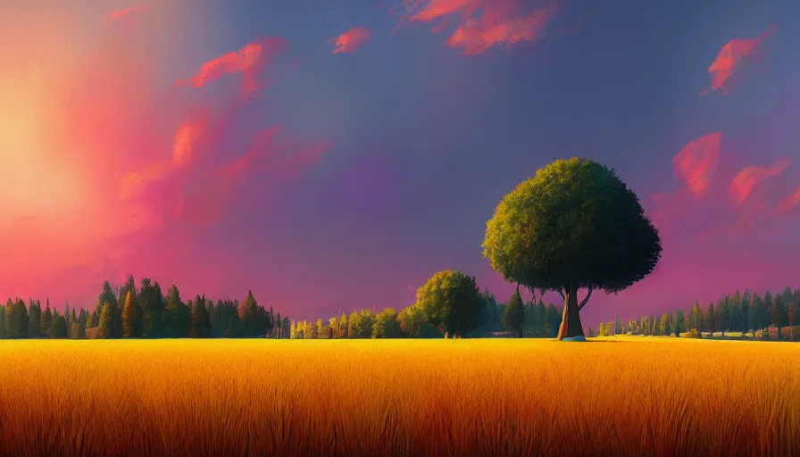 Image similar to sun in the colourful sky, wheat field, radio telescope, big trees, matte painting, art station, digital art, simon stalenhag