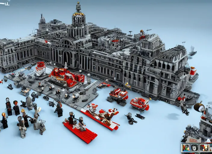 Prompt: hyper detailed stalin, lenin, revolutionary sailors together taking winter palace from bourgeoisie as lego characters, unreal engine 5, lumen, nanite, dslr
