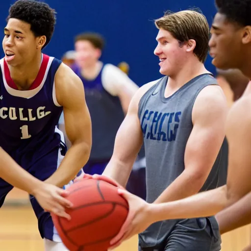 Prompt: college male athletes playing one - on - one basketball