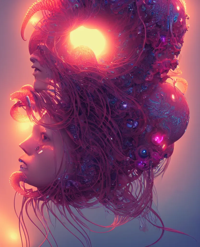 Image similar to goddess close-up portrait. chimera orchid jellyfish phoenix head, nautilus, skull, betta fish, bioluminiscent creatures, intricate artwork by Tooth Wu and wlop and beeple. octane render, trending on artstation, greg rutkowski very coherent symmetrical artwork. cinematic, hyper realism, high detail, octane render, 8k