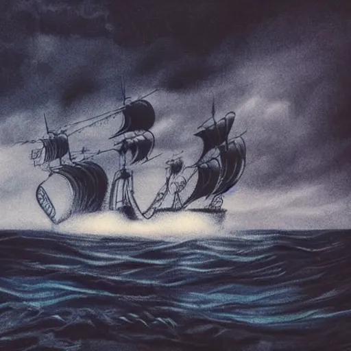 Prompt: a girl is pirate in a ship which is sailing in dark sea sky is dark blue and clouds and thunderstorms coming in far waves are big detailed picture