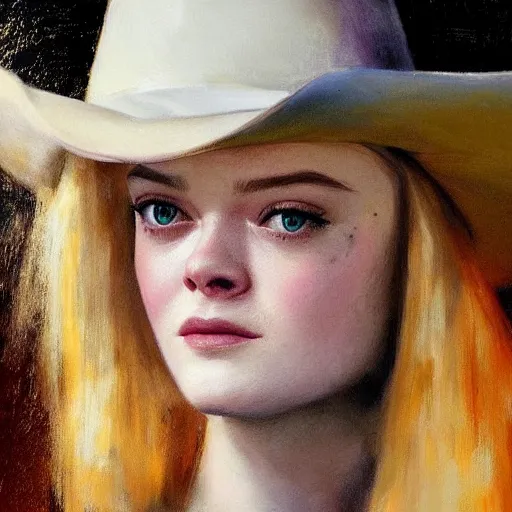 Image similar to ultra realistic portrait painting of elle fanning as a western outlaw, art by frank frazetta, 4 k, ultra realistic, highly detailed, epic lighting