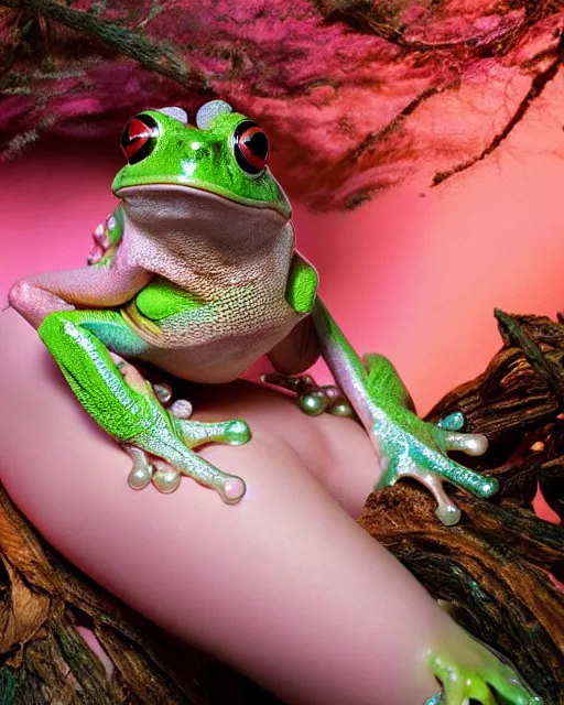 Prompt: natural light, soft focus portrait of a cyberpunk anthropomorphic tree frog with soft synthetic pink skin, blue bioluminescent plastics, smooth shiny metal, elaborate ornate jewellery, piercings, skin textures, by annie leibovitz, paul lehr