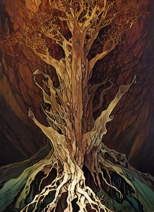 Prompt: close up portrait of a monster tree in the scary mountains of hell, oil painting by tomasz jedruszek and alphonse mucha, cinematic lighting, pen and ink, intricate line, hd, 4 k, million of likes, trending on artstation