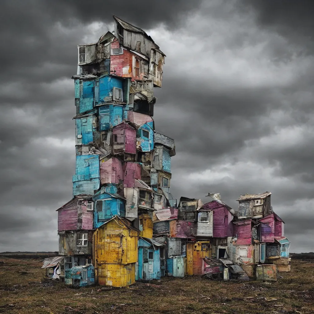 Image similar to towers made up of colourful makeshift squatter shacks, bleached colours, moody cloudy sky, dystopia, mamiya, very detailed, photographed by cristina de middel