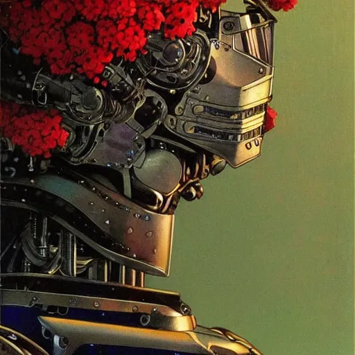 Image similar to a robot wearing a facemask made from flowers, reflective detailed textures, highly detailed fantasy science fiction painting by moebius, norman rockwell, frank frazetta, and syd mead. rich colors, high contrast. artstation