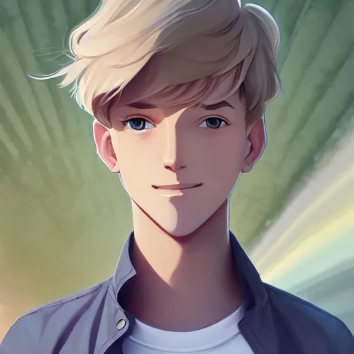 Image similar to young man with short, ash blond greyish hair, light brown eyes, casual clothes, relaxing, happy, path traced, highly detailed, high quality, digital painting, by don bluth and ross tran and studio ghibli and alphonse mucha, sylvain sarrailh, beautiful details